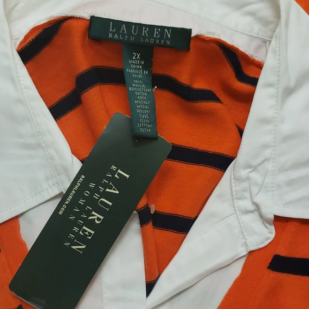 Lauren Ralph Lauren Orange and Black Striped V‑Neck Sweater